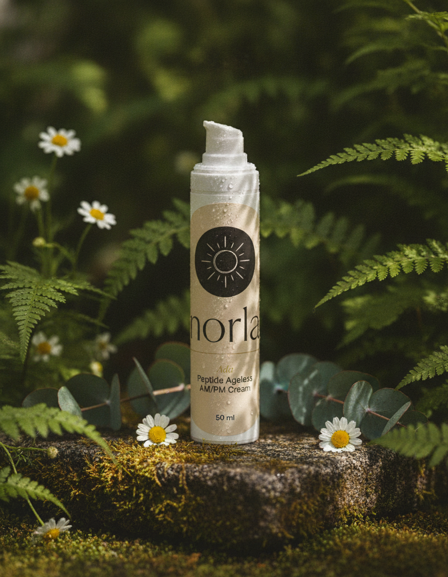 Norla Ada Peptide Ageless AM/PM Cream in a botanical garden setting