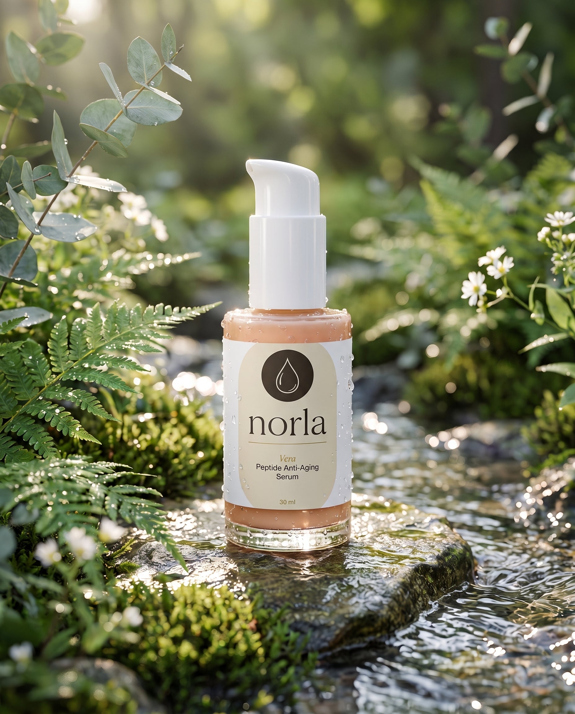 Norla Vera Peptide Anti-Aging Serum beside a forest stream in morning light